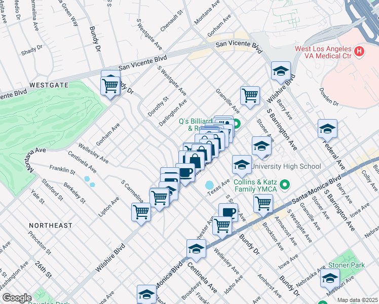 map of restaurants, bars, coffee shops, grocery stores, and more near 12033 Goshen Avenue in Los Angeles