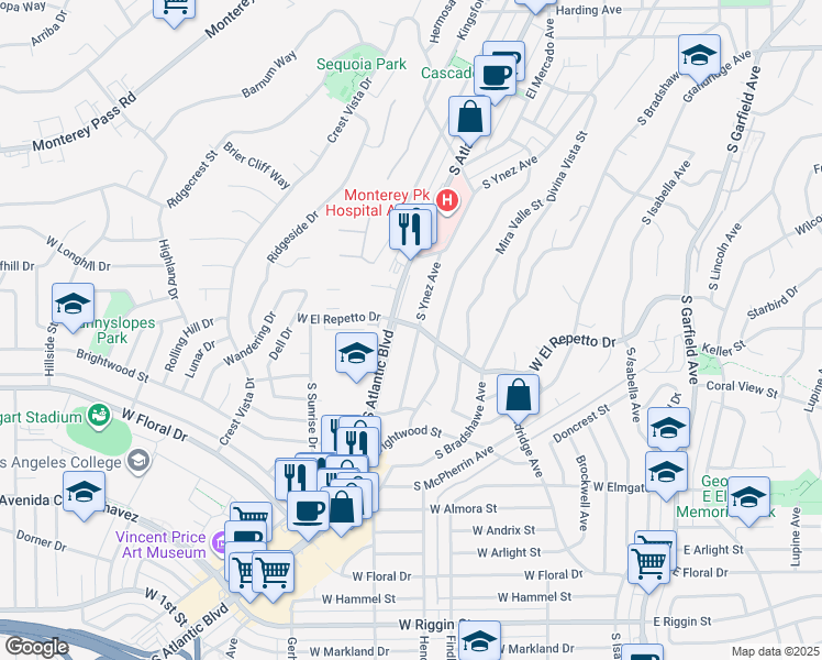 map of restaurants, bars, coffee shops, grocery stores, and more near 1540 South Atlantic Boulevard in Monterey Park