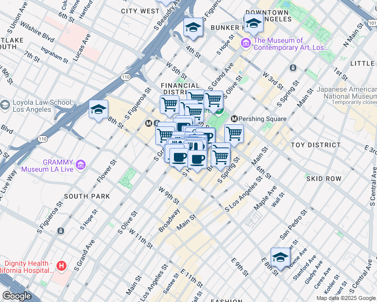 map of restaurants, bars, coffee shops, grocery stores, and more near 731S South Hill Street in Los Angeles