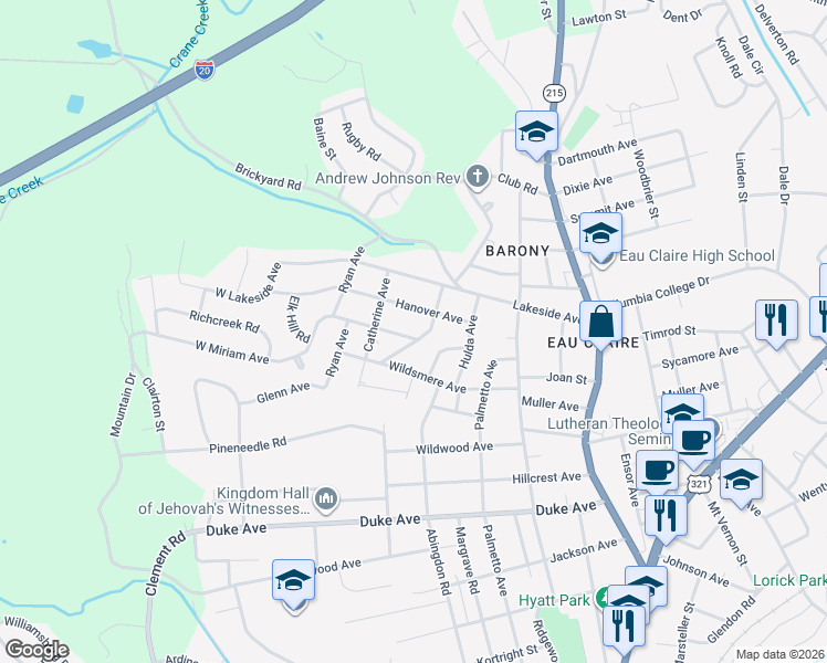 map of restaurants, bars, coffee shops, grocery stores, and more near 219 Miriam Avenue in Columbia