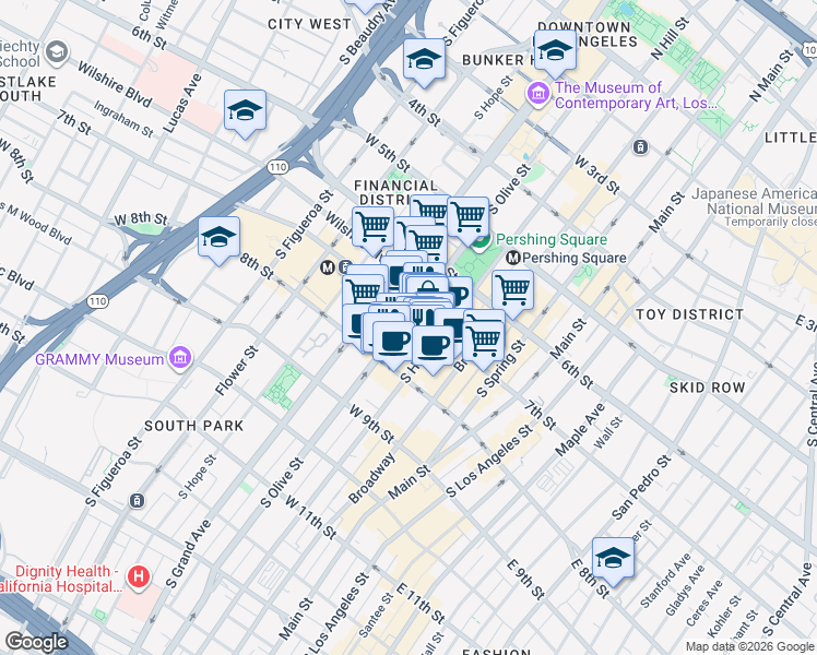 map of restaurants, bars, coffee shops, grocery stores, and more near 712 South Olive Street in Los Angeles