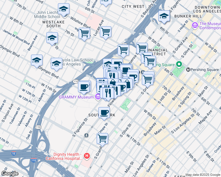 map of restaurants, bars, coffee shops, grocery stores, and more near 930 Figueroa Street in Los Angeles