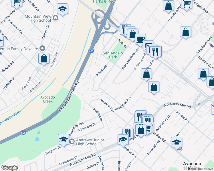 map of restaurants, bars, coffee shops, grocery stores, and more near 442 Santa Mariana Avenue in La Puente
