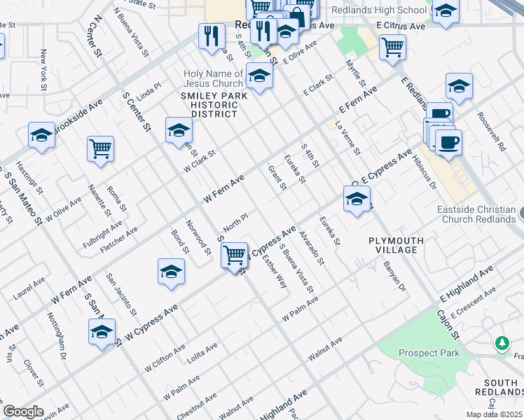 map of restaurants, bars, coffee shops, grocery stores, and more near 1510 Barton Road in Redlands