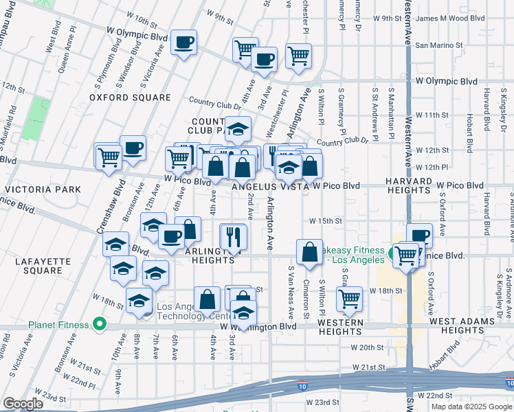 map of restaurants, bars, coffee shops, grocery stores, and more near 20161/2 2nd Avenue in Los Angeles