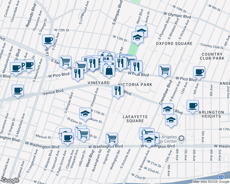 map of restaurants, bars, coffee shops, grocery stores, and more near West Boulevard in Los Angeles