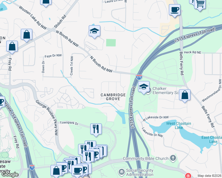 map of restaurants, bars, coffee shops, grocery stores, and more near 3526 Ethridge Lane Northwest in Kennesaw