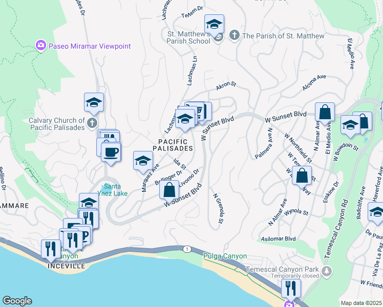 map of restaurants, bars, coffee shops, grocery stores, and more near 16749 Bollinger Drive in Los Angeles
