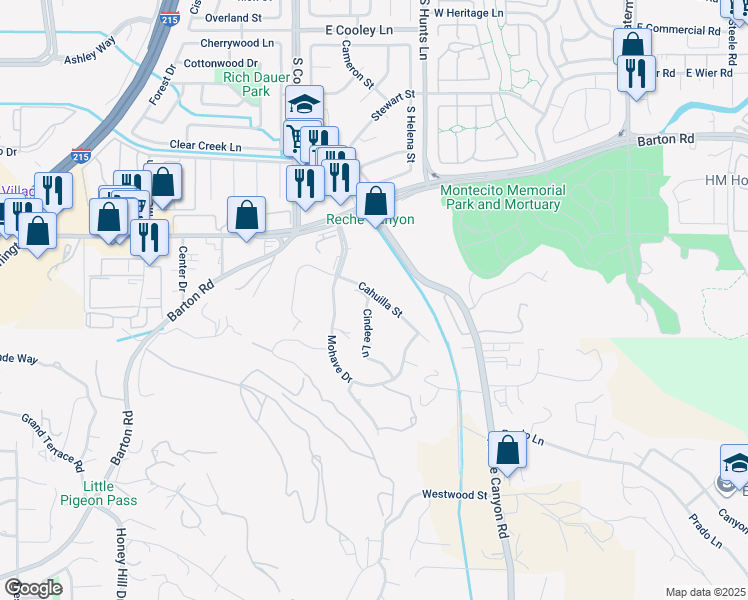 map of restaurants, bars, coffee shops, grocery stores, and more near Cindee Lane in Colton