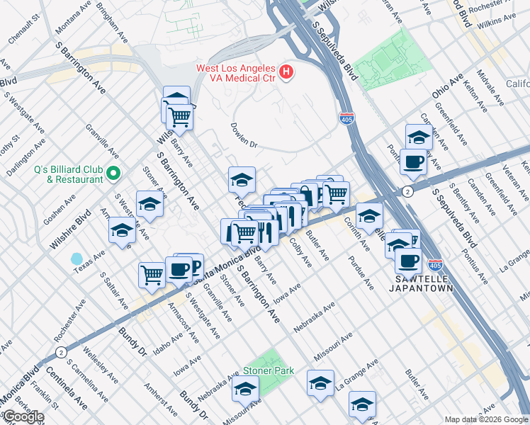 map of restaurants, bars, coffee shops, grocery stores, and more near 11551 Ohio Avenue in Los Angeles
