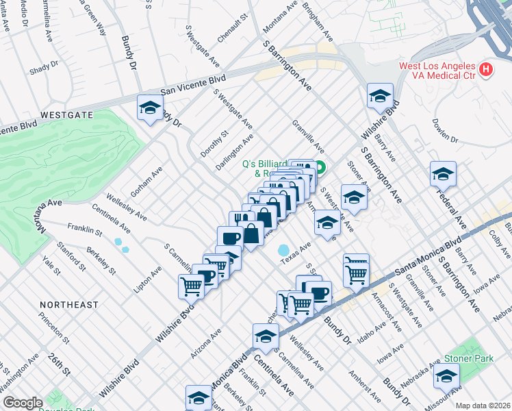 map of restaurants, bars, coffee shops, grocery stores, and more near 12033 Goshen Avenue in Los Angeles