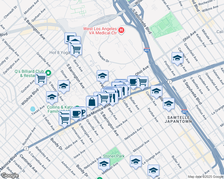 map of restaurants, bars, coffee shops, grocery stores, and more near 11551 Ohio Avenue in Los Angeles