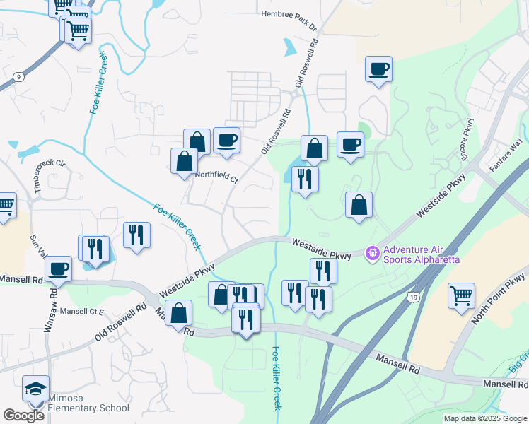 map of restaurants, bars, coffee shops, grocery stores, and more near 1221 Hanover Place in Alpharetta