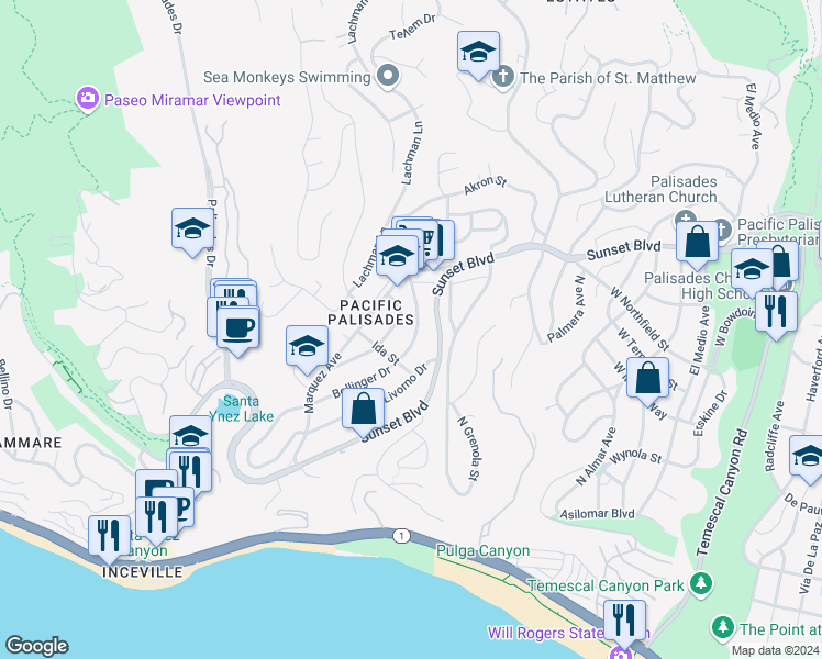 map of restaurants, bars, coffee shops, grocery stores, and more near 16749 Bollinger Drive in Los Angeles
