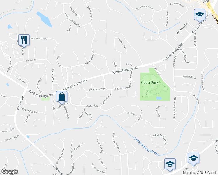 map of restaurants, bars, coffee shops, grocery stores, and more near 10780 South Kimball Bridge Crossing in Alpharetta
