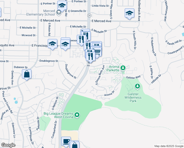 map of restaurants, bars, coffee shops, grocery stores, and more near 1800 East Aroma Drive in West Covina