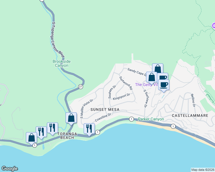 map of restaurants, bars, coffee shops, grocery stores, and more near 3616 Shoreheights Drive in Malibu
