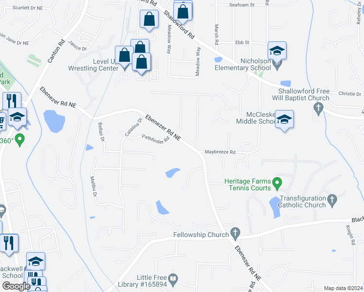 map of restaurants, bars, coffee shops, grocery stores, and more near 3909 Ebenezer Road Northeast in Marietta