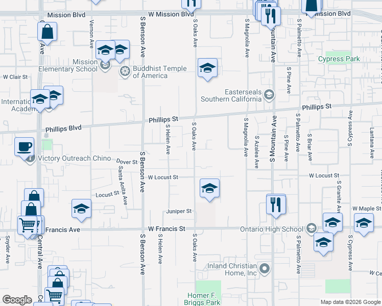 map of restaurants, bars, coffee shops, grocery stores, and more near 1510 South Oaks Avenue in Ontario