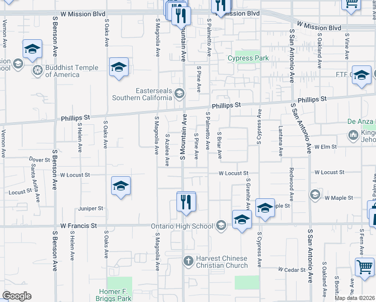 map of restaurants, bars, coffee shops, grocery stores, and more near 1046 West Eucalyptus Court in Ontario