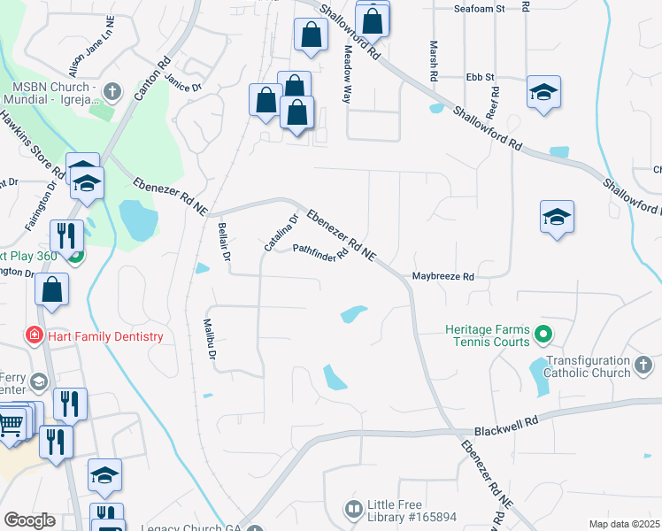 map of restaurants, bars, coffee shops, grocery stores, and more near 1192 Pathfinder Road in Marietta