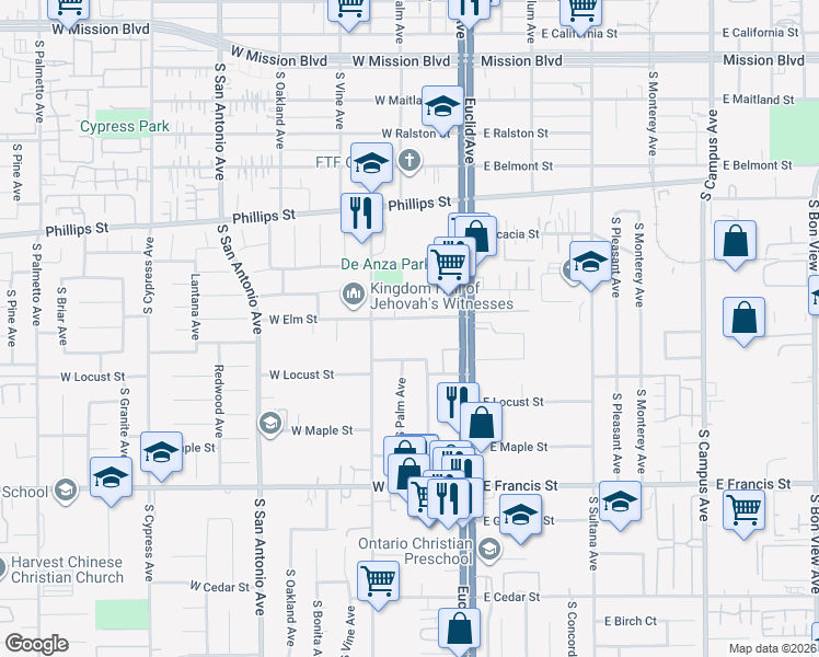 map of restaurants, bars, coffee shops, grocery stores, and more near 202 West Locust Street in Ontario