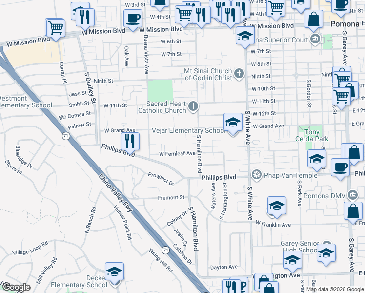 map of restaurants, bars, coffee shops, grocery stores, and more near 1194 West Fernleaf Avenue in Pomona