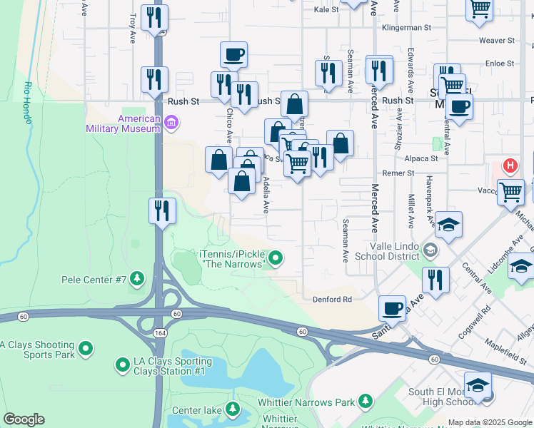 map of restaurants, bars, coffee shops, grocery stores, and more near 1430 Adelia Avenue in South El Monte