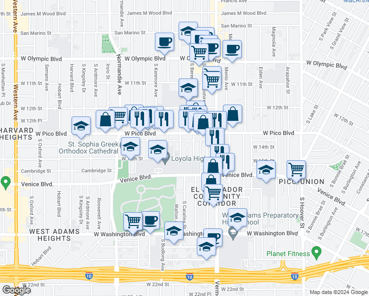 map of restaurants, bars, coffee shops, grocery stores, and more near 1424 South Catalina Street in Los Angeles