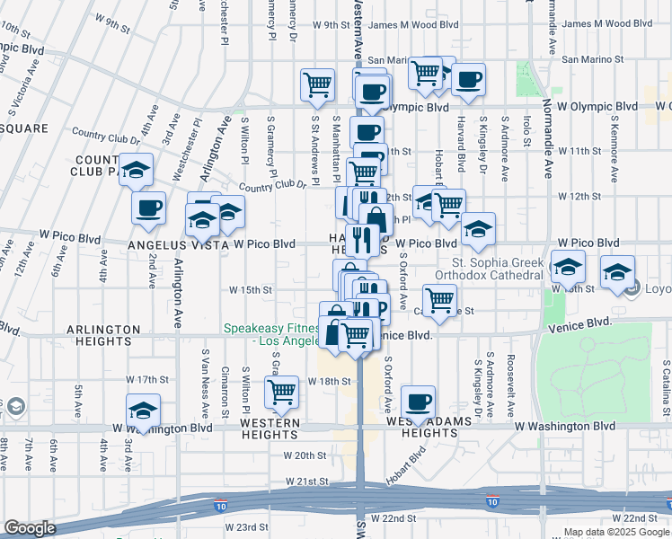 map of restaurants, bars, coffee shops, grocery stores, and more near 1423a South Western Avenue in Los Angeles