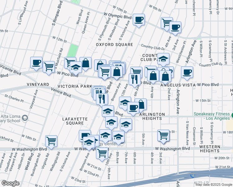 map of restaurants, bars, coffee shops, grocery stores, and more near 1439 12th Avenue in Los Angeles