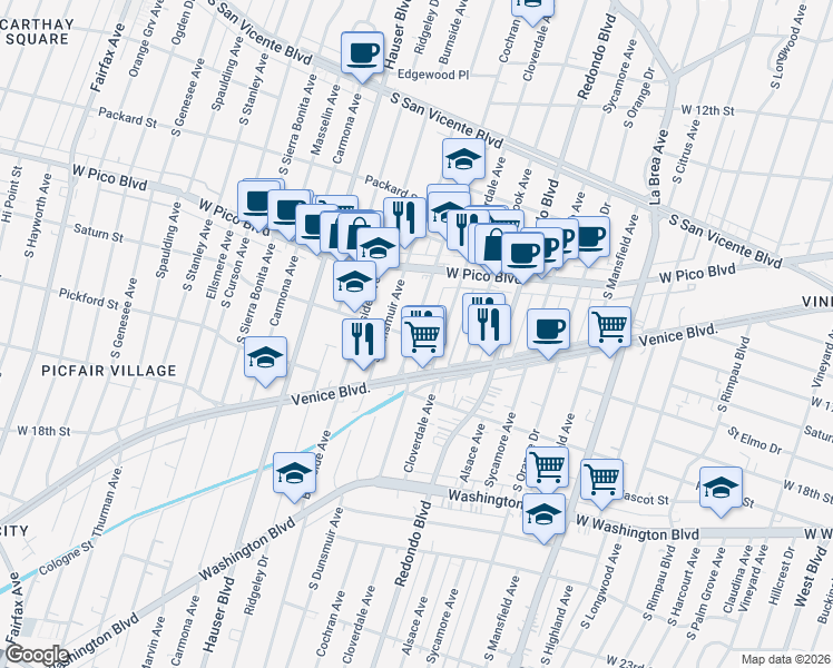 map of restaurants, bars, coffee shops, grocery stores, and more near 1545 Cloverdale Avenue in Los Angeles