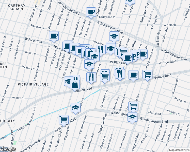 map of restaurants, bars, coffee shops, grocery stores, and more near 1528 South Dunsmuir Avenue in Los Angeles