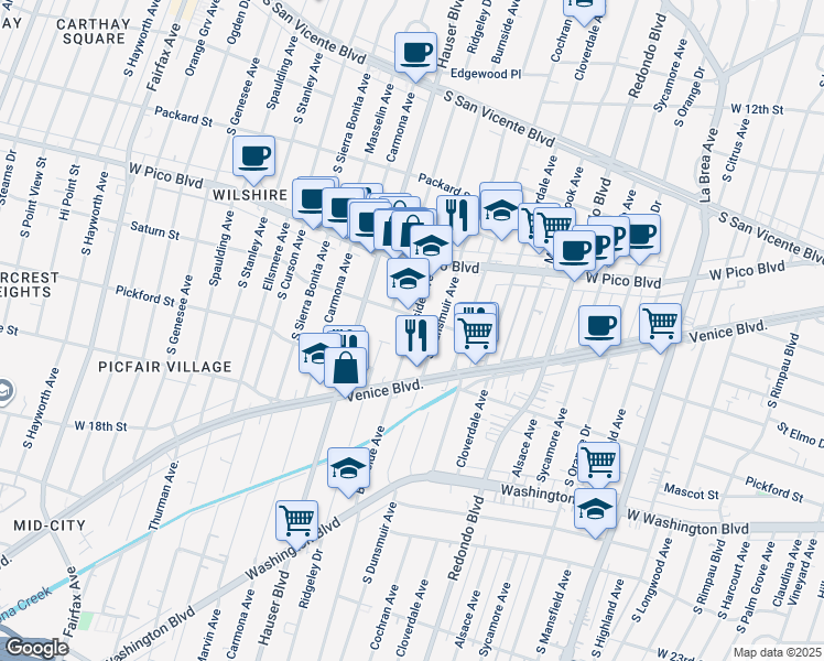 map of restaurants, bars, coffee shops, grocery stores, and more near 1327 Burnside Avenue in Los Angeles