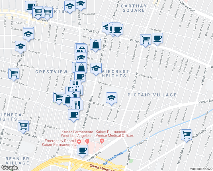 map of restaurants, bars, coffee shops, grocery stores, and more near 1728 Stearns Drive in Los Angeles