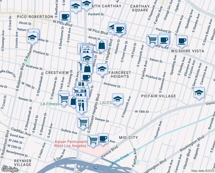 map of restaurants, bars, coffee shops, grocery stores, and more near 1728 Stearns Drive in Los Angeles