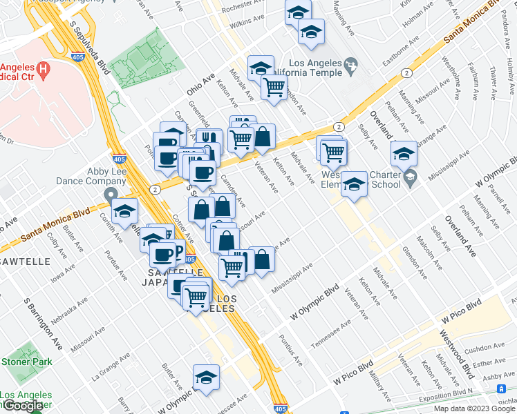 map of restaurants, bars, coffee shops, grocery stores, and more near 1865 Camden Avenue in Los Angeles