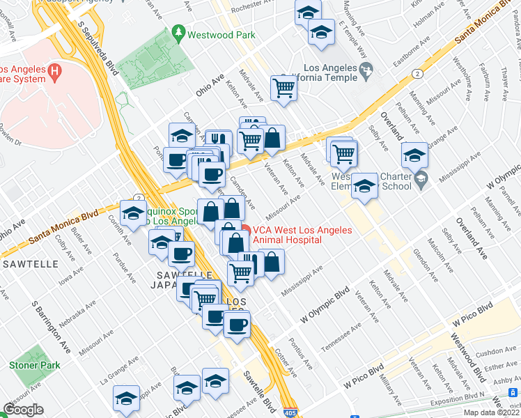 map of restaurants, bars, coffee shops, grocery stores, and more near 1865 Camden Avenue in Los Angeles