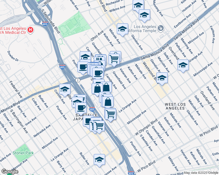 map of restaurants, bars, coffee shops, grocery stores, and more near 1820 South Bentley Avenue in Los Angeles