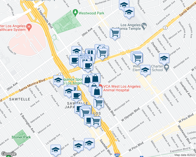 map of restaurants, bars, coffee shops, grocery stores, and more near 1849 South Bentley Avenue in Los Angeles
