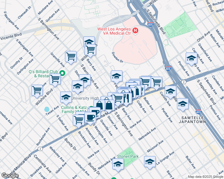 map of restaurants, bars, coffee shops, grocery stores, and more near 1443 Barry Avenue in Los Angeles