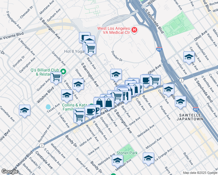 map of restaurants, bars, coffee shops, grocery stores, and more near 1443 Barry Avenue in Los Angeles
