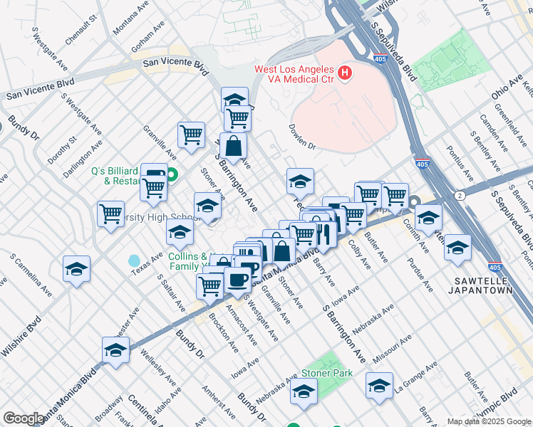 map of restaurants, bars, coffee shops, grocery stores, and more near 1422 South Barrington Avenue in Los Angeles