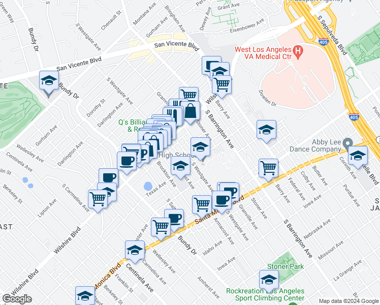 map of restaurants, bars, coffee shops, grocery stores, and more near 11861 Texas Avenue in Los Angeles