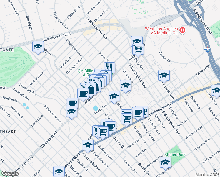 map of restaurants, bars, coffee shops, grocery stores, and more near 1226 Brockton Avenue in Los Angeles