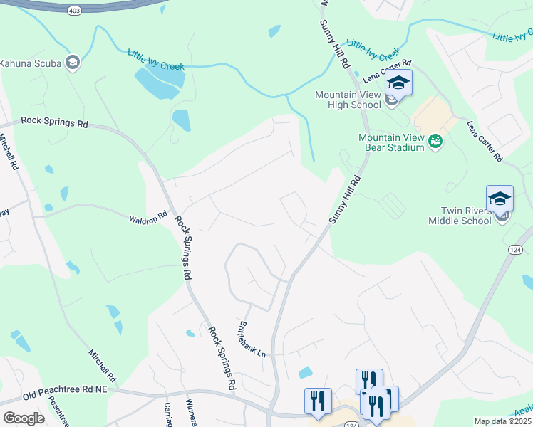 map of restaurants, bars, coffee shops, grocery stores, and more near 2257 Rocksram Court in Buford