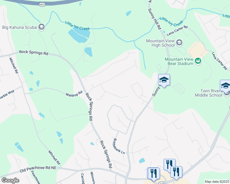 map of restaurants, bars, coffee shops, grocery stores, and more near 2317 Rocksram Court in Buford