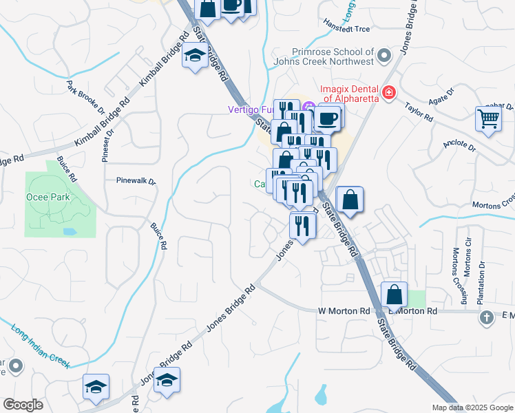 map of restaurants, bars, coffee shops, grocery stores, and more near Harvest Ridge Lane in Johns Creek