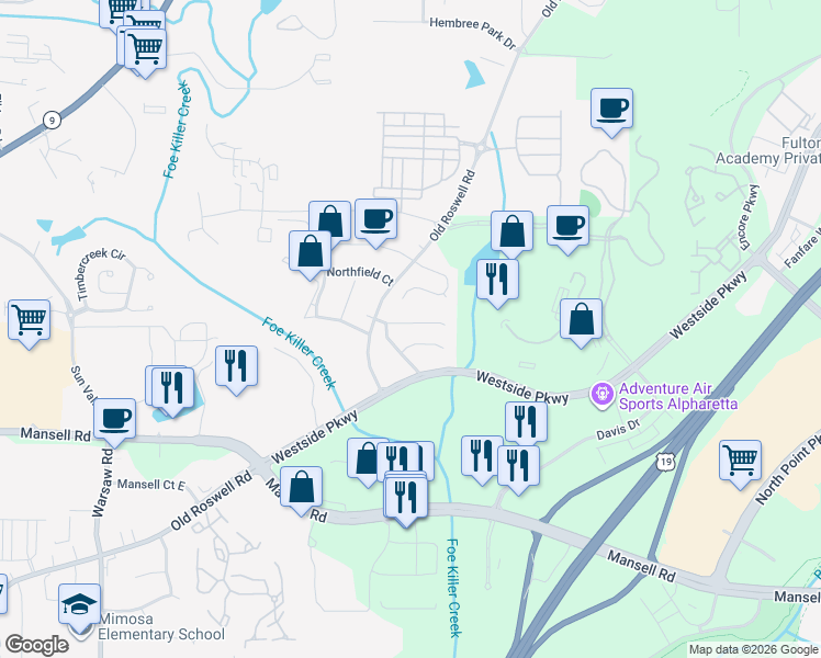 map of restaurants, bars, coffee shops, grocery stores, and more near 1221 Hanover Place in Alpharetta