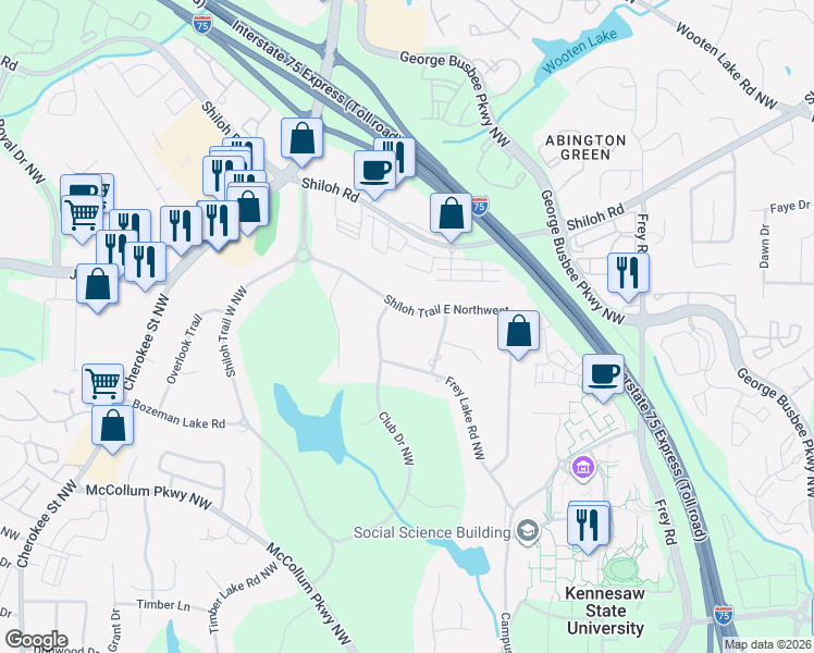map of restaurants, bars, coffee shops, grocery stores, and more near 1361 Shiloh Trail East Northwest in Kennesaw